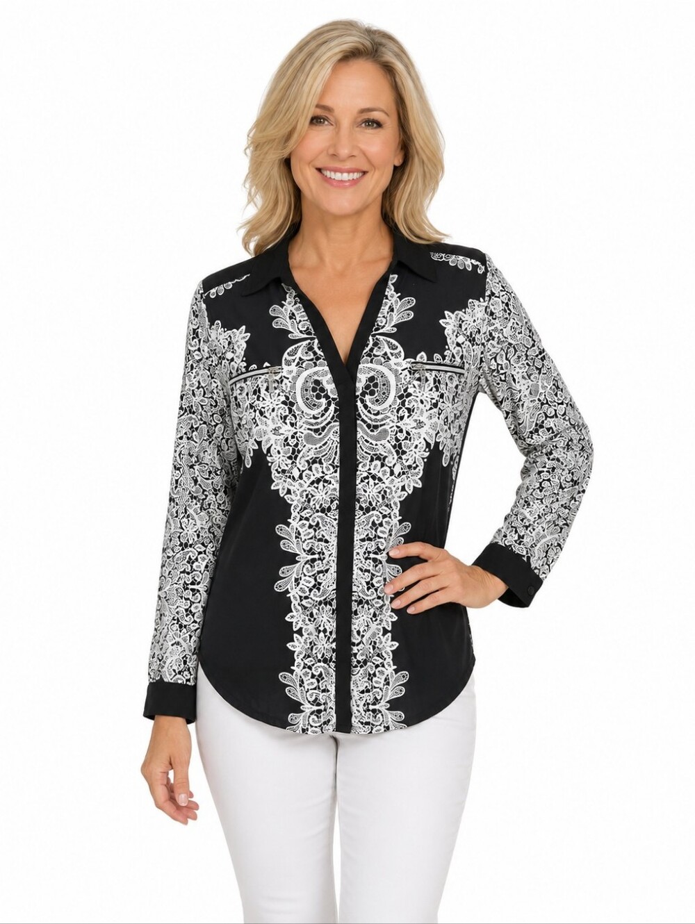 Nygard Black & White Lace-Print Long Sleeve Blouse, Zipper Accents, Sz PL